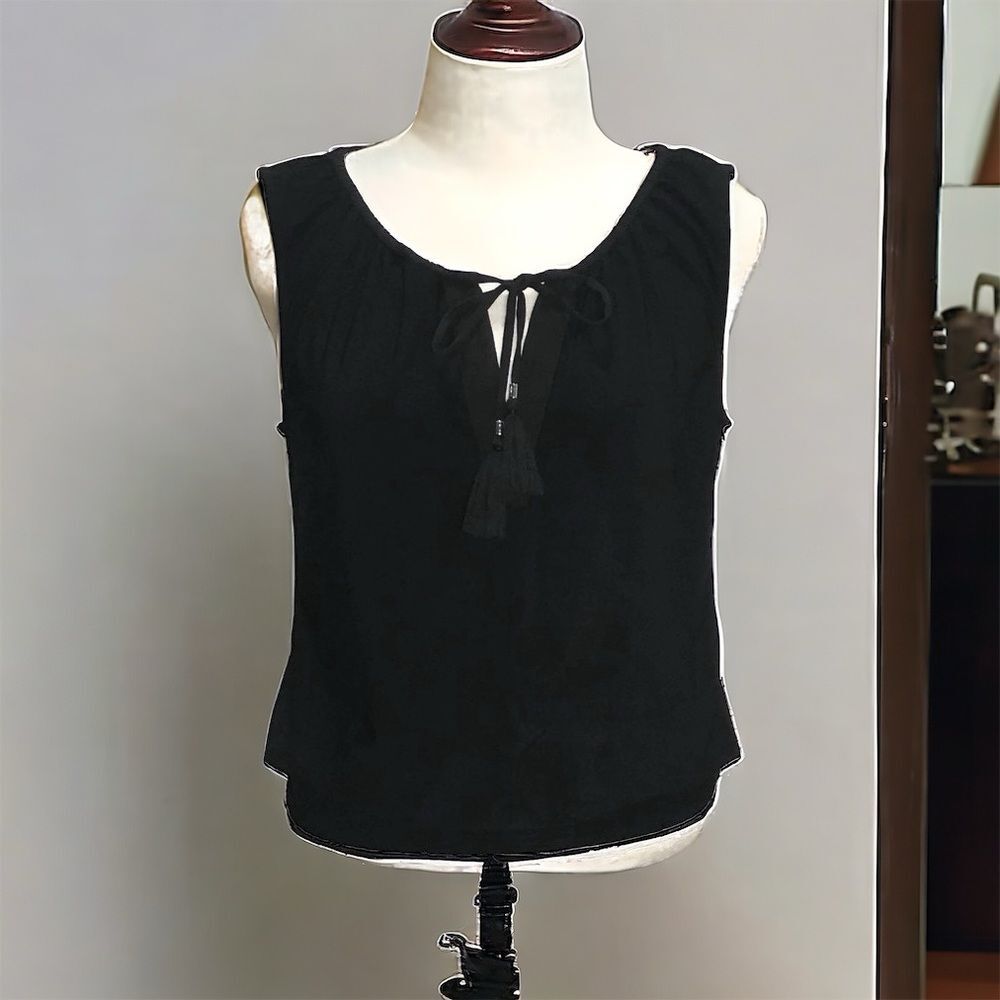 WHBM Black Sleeveless Pull on Top with Elastic Waist and Tassels Neckline Sz L